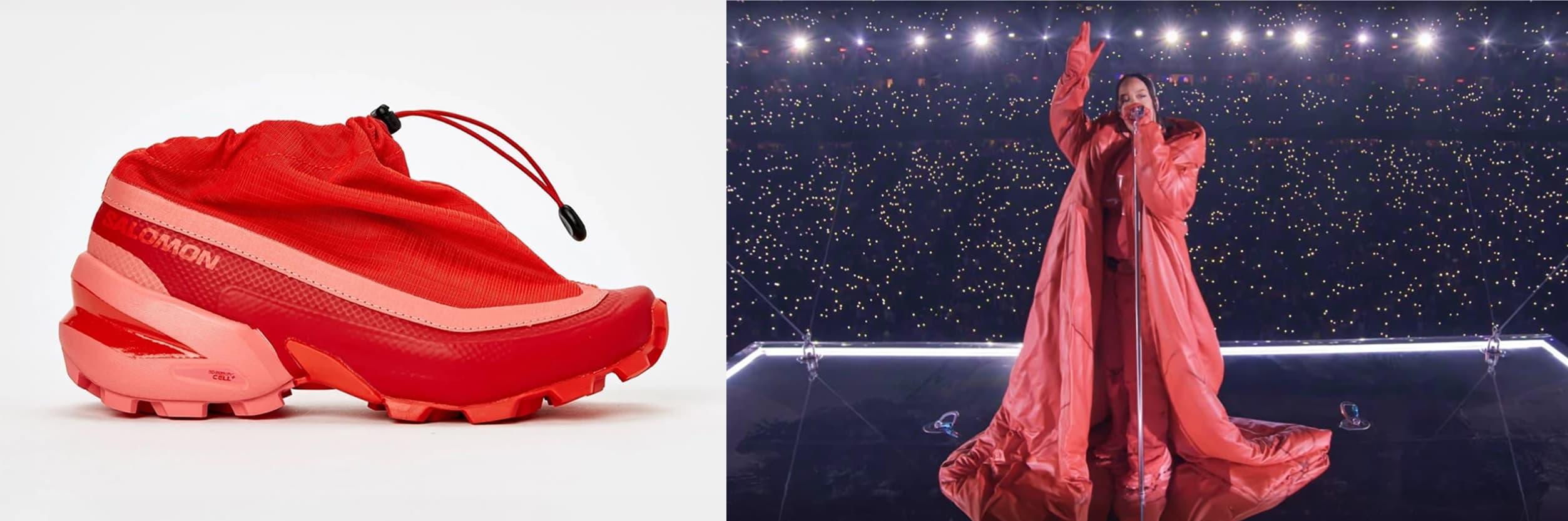 Rihanna performing at the Super Bowl wearing MM6 Maison Margiela x Salomon